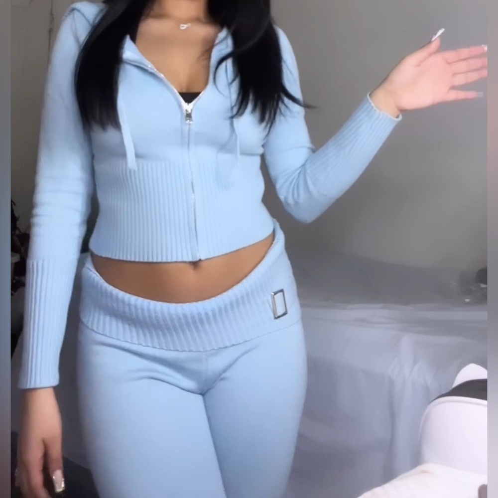 Light Blue Zip-Up Hoodie and Pants Set